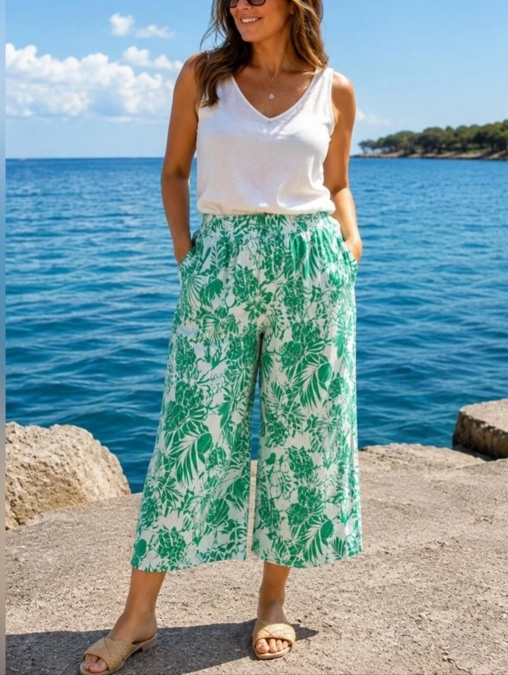 Nicole Miller 100% Linen Tropical Wide Leg Relaxed Fit Cropped Palazzo Pants L